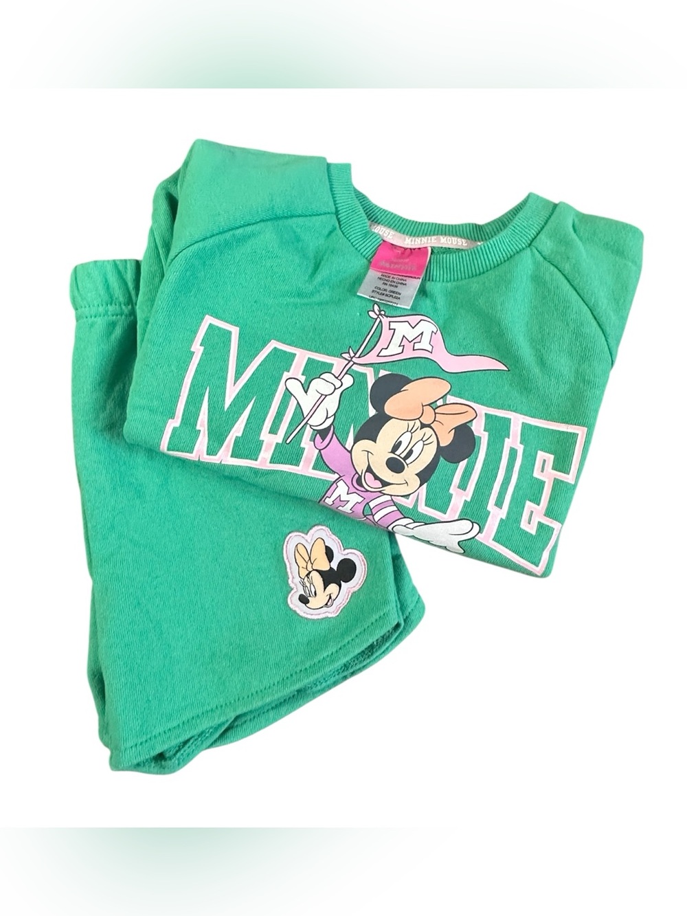 Disney Minnie Mouse 2 Piece Shorts Set Girls Green Pink Sweatshirt Lounge Outfit